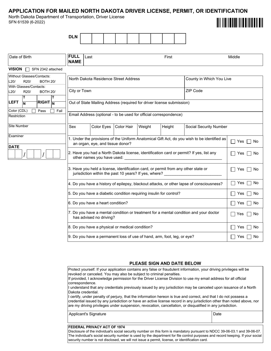 Form SFN61539 Application for Mailed North Dakota Driver License, Permit, or Identification - North Dakota, Page 1