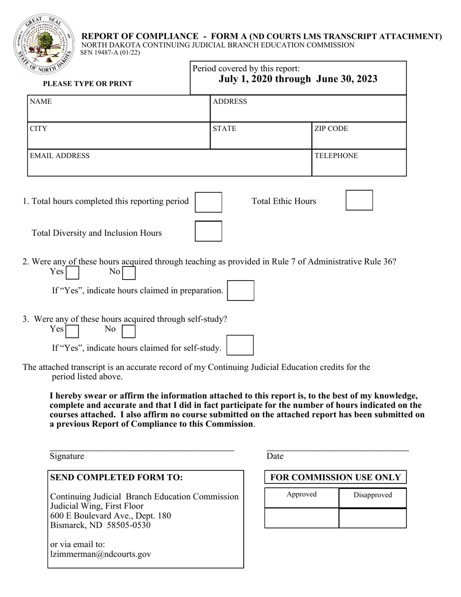 Form A (SFN19487-A) Report of Compliance - Nd Courts Lms Transcript Attachment - North Dakota, Page 1