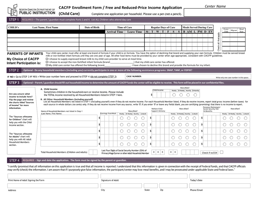CACFP Enrollment Form / Free and Reduced-Price Income Application - North Dakota Download Pdf