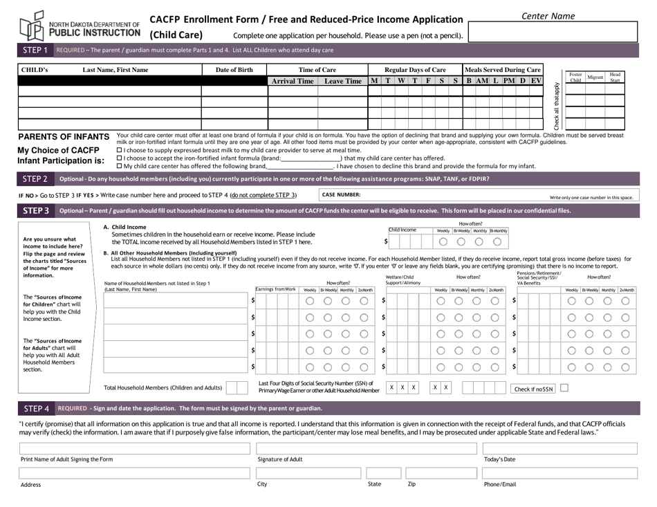CACFP Enrollment Form / Free and Reduced-Price Income Application - North Dakota, Page 1
