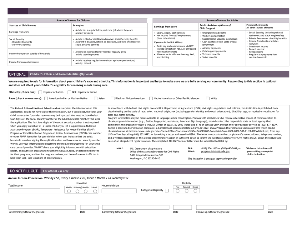 CACFP Enrollment Form / Free and Reduced-Price Income Application - North Dakota, Page 2