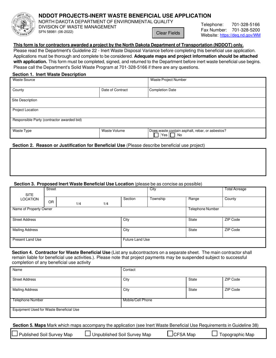 Form SFN58981 Nddot Projects-Inert Waste Beneficial Use Application - North Dakota, Page 1