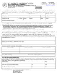 Form SFN3473 Application for Open Burning Variance of Clean Wood at Landfills - North Dakota