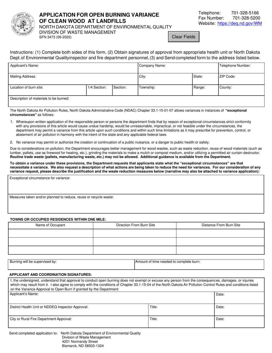 Form SFN3473 Application for Open Burning Variance of Clean Wood at Landfills - North Dakota, Page 1