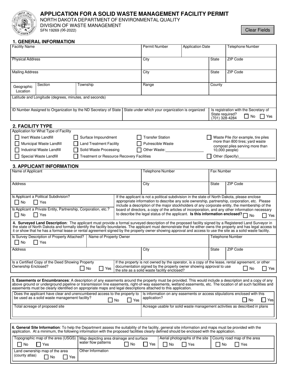 Form SFN19269 Application for a Solid Waste Management Facility Permit - North Dakota, Page 1