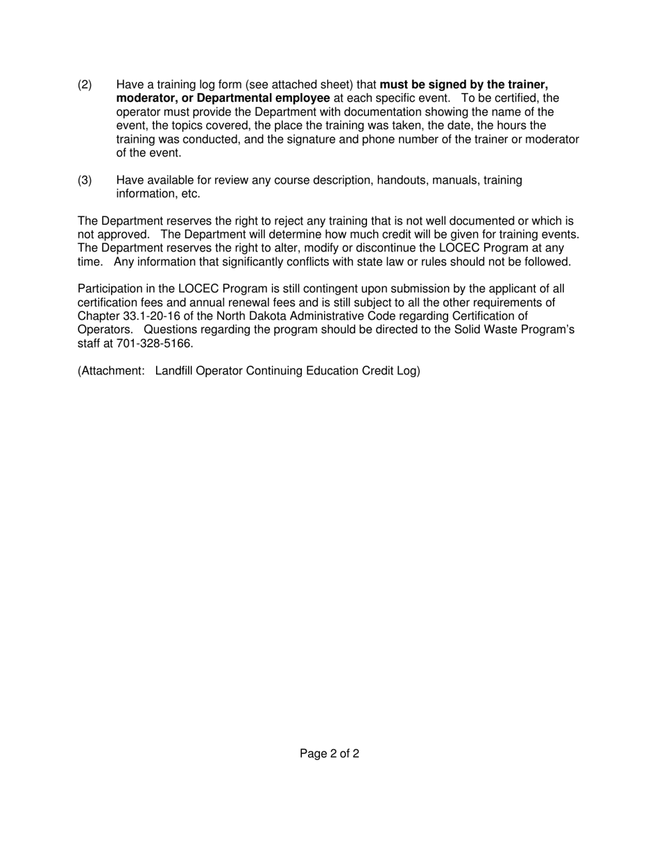 Landfill Operator Continuing Education Credit Log - North Dakota, Page 2