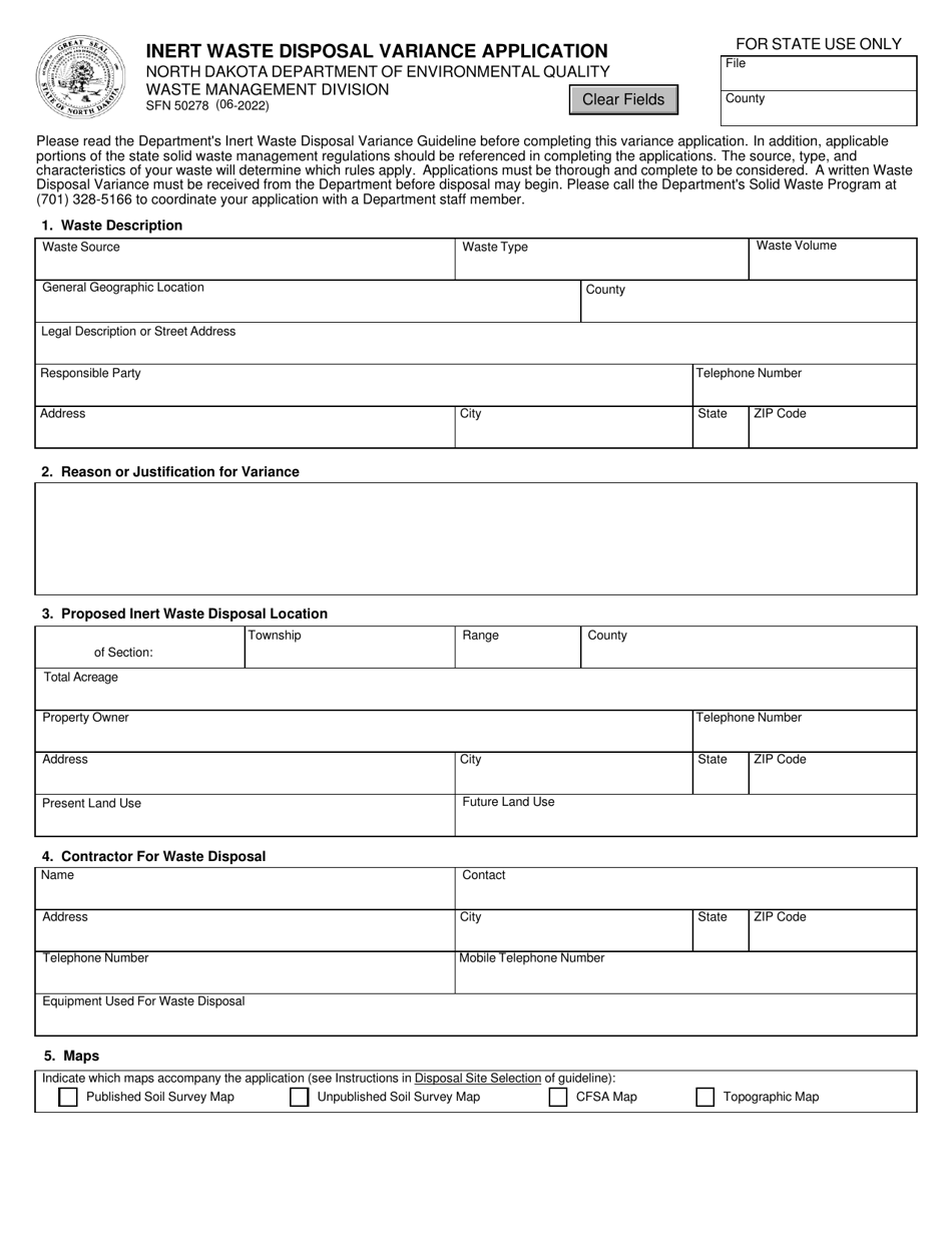 Form SFN50278 Inert Waste Disposal Variance Application - North Dakota, Page 1