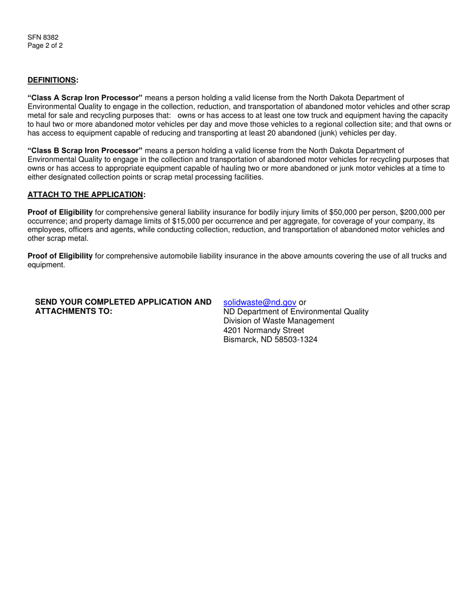 Form SFN8382 License Application - Scrap Iron Processor - North Dakota, Page 2