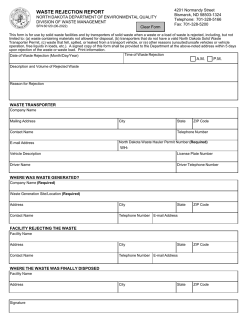 Form SFN60120 Waste Rejection Report - North Dakota