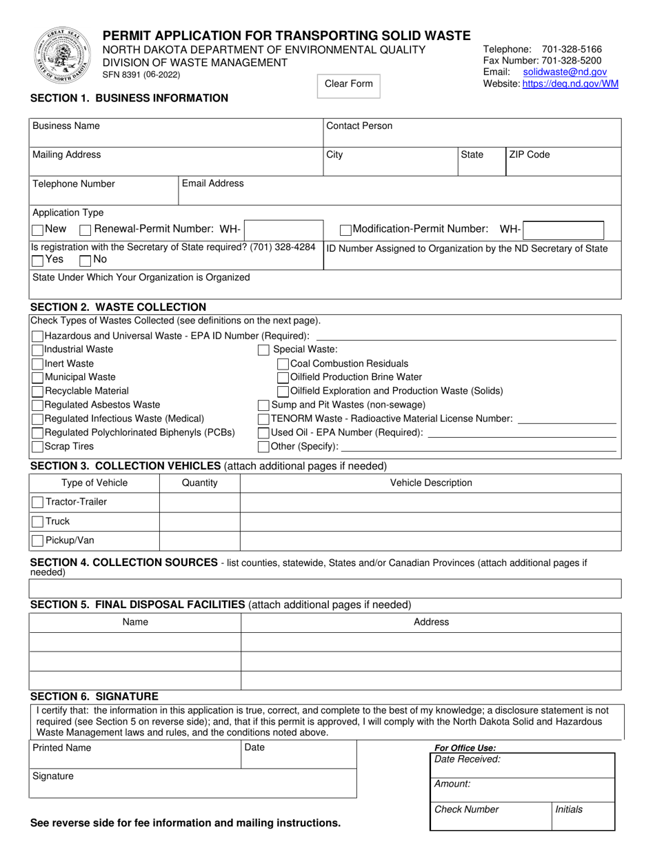 Form SFN8391 Permit Application for Transporting Solid Waste - North Dakota, Page 1