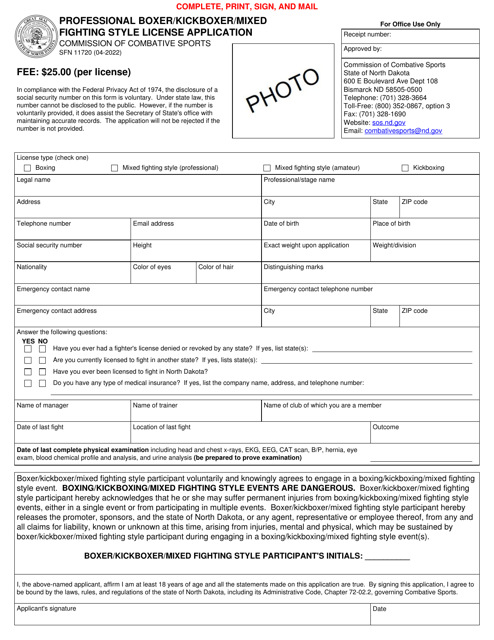 Form SFN11720 Professional Boxer/Kickboxer/Mixed Fighting Style License Application - North Dakota