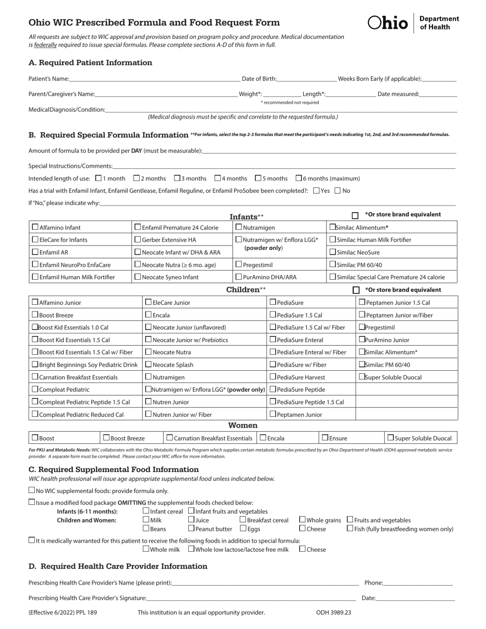 Form ODH3989.23 Ohio Wic Prescribed Formula and Food Request Form - Ohio, Page 1