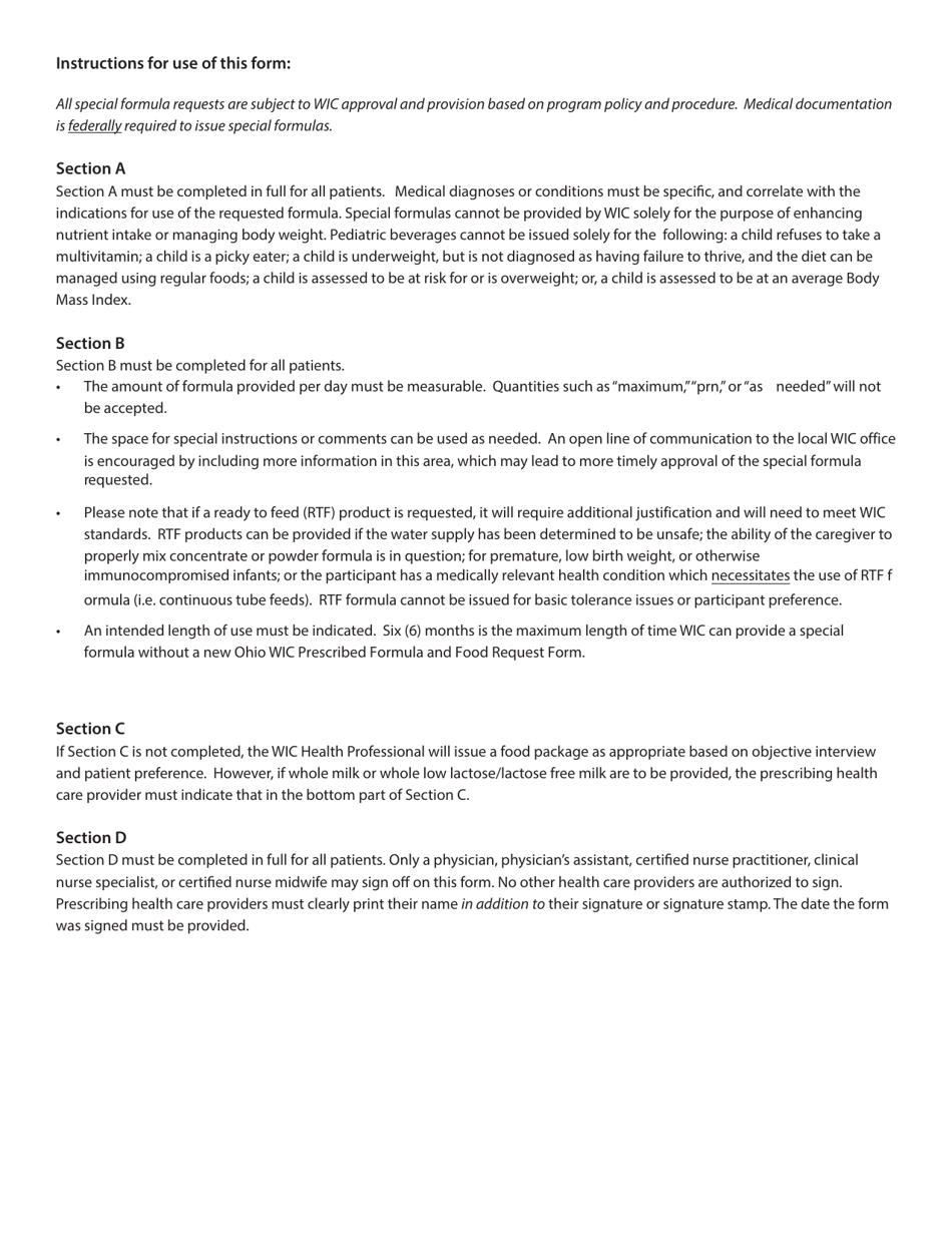 Form ODH3989.23 Ohio Wic Prescribed Formula and Food Request Form - Ohio, Page 2