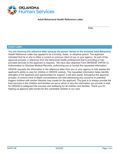 Form 04AF013E Adult Behavioral Health Reference Letter - Oklahoma