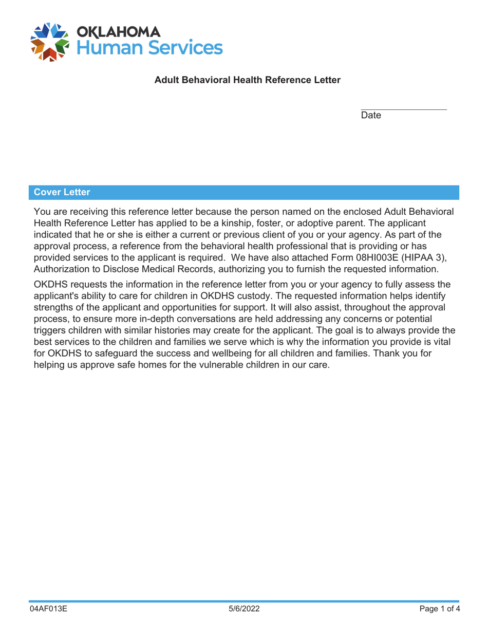 Form 04AF013E Download Fillable PDF or Fill Online Adult Behavioral ...