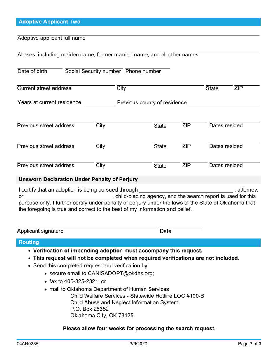 Form 04AN028E (DCFS-125) Request for Child Abuse and Neglect Information System Search - Oklahoma, Page 3
