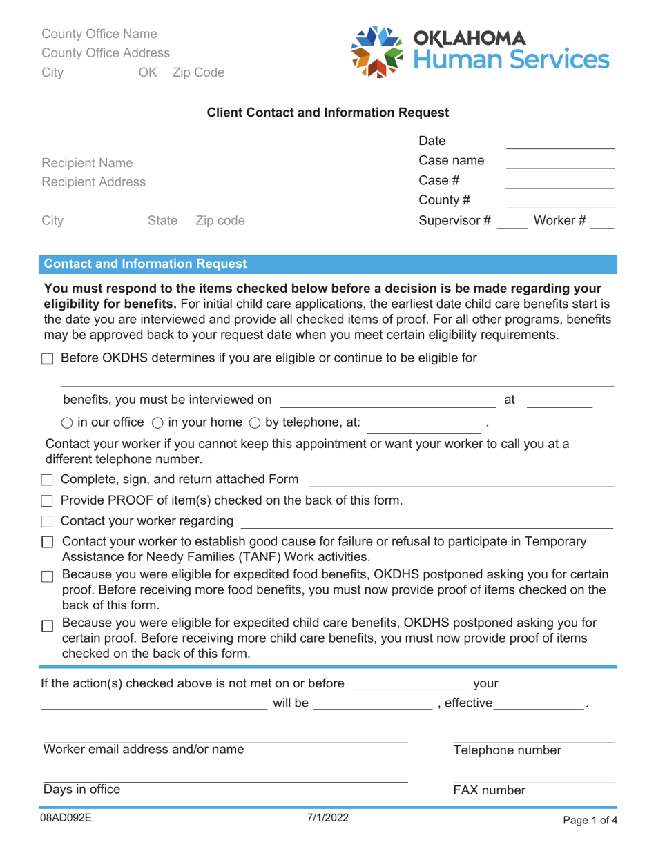 Form 08AD092E (ADM-92) Client Contact and Information Request - Oklahoma, Page 1