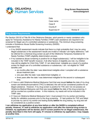 Form 08TA011E &quot;Drug Screen Requirements Acknowledgment&quot; - Oklahoma