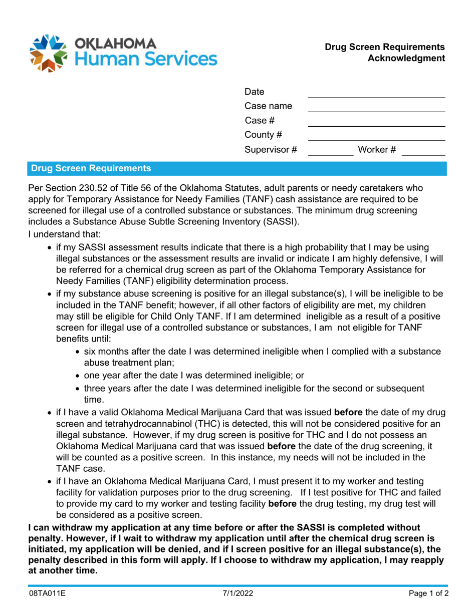 Form 08TA011E Drug Screen Requirements Acknowledgment - Oklahoma, Page 1
