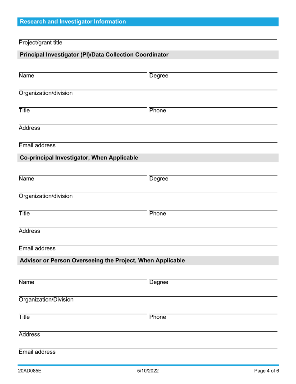 Form 20AD085E Institutional Review Board (Dhsirb) Application - Oklahoma, Page 4