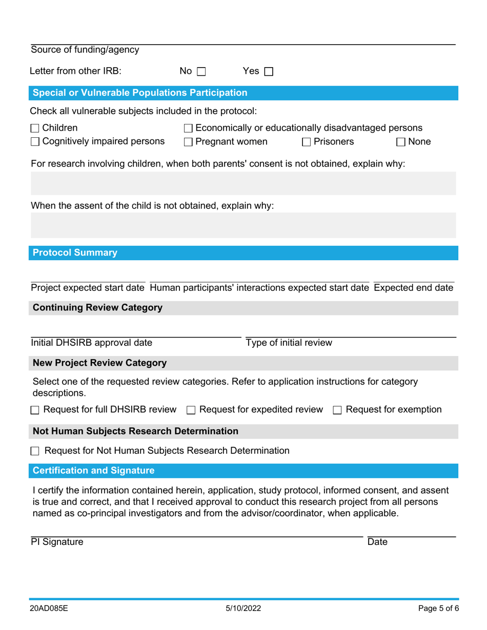 Form 20AD085E Institutional Review Board (Dhsirb) Application - Oklahoma, Page 5