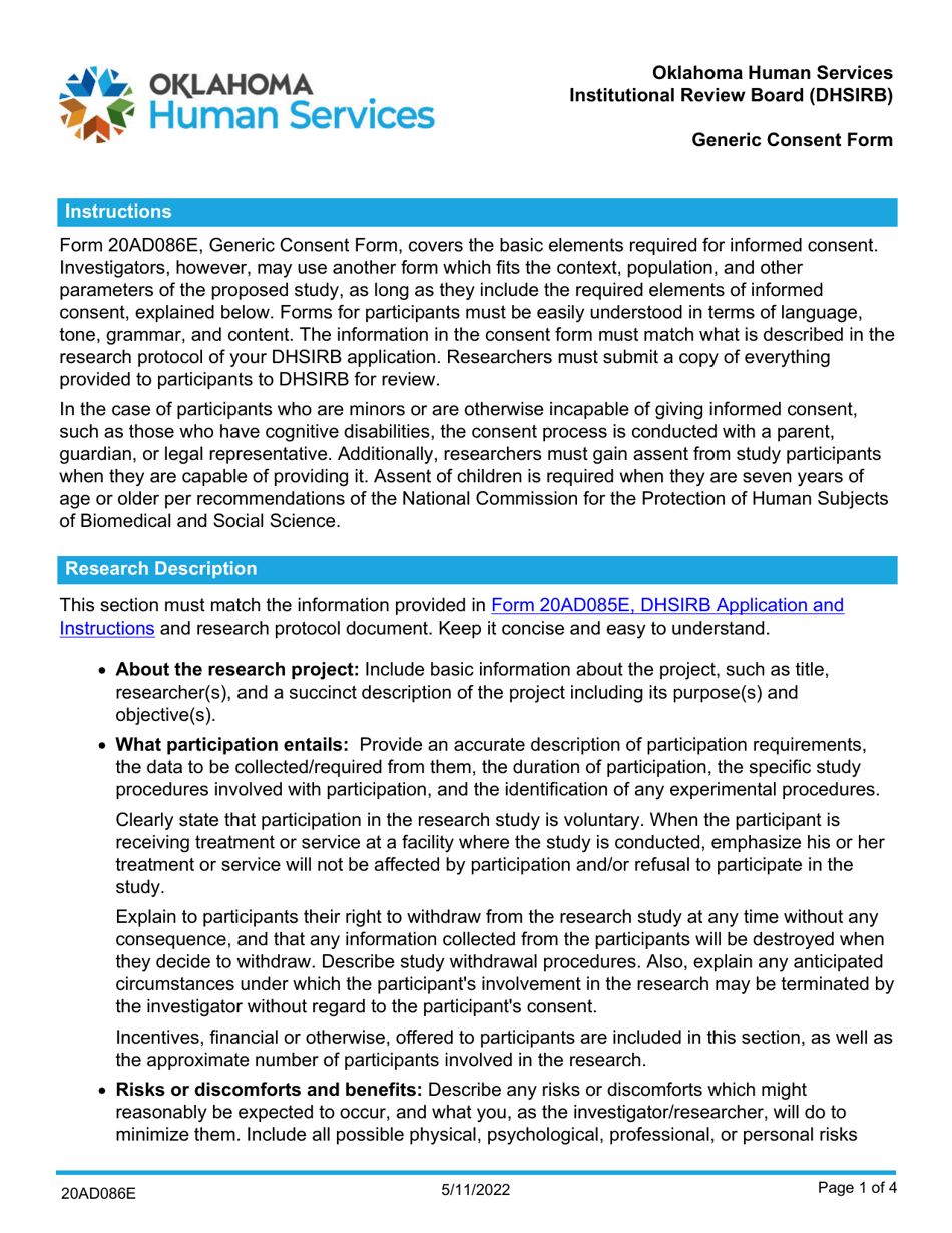 Irb Consent Form.pdf Form 20AD086E Download Fillable PDF or Fill Online Generic Consent Form ...