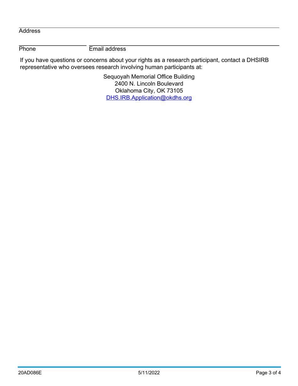Form 20AD086E Generic Consent Form - Institutional Review Board (Dhsirb) - Oklahoma, Page 3