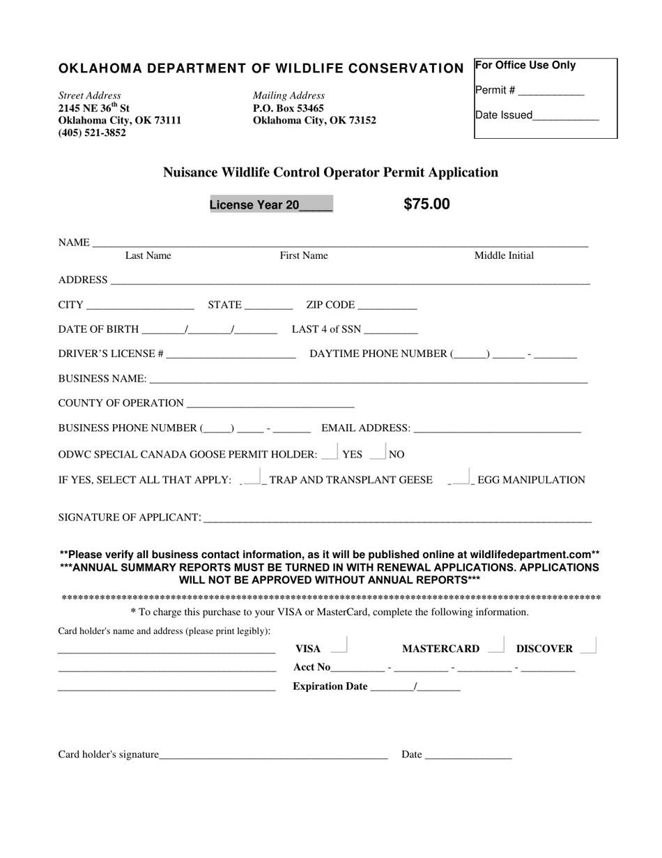 Nuisance Wildlife Control Operator Permit Application - Oklahoma, Page 1