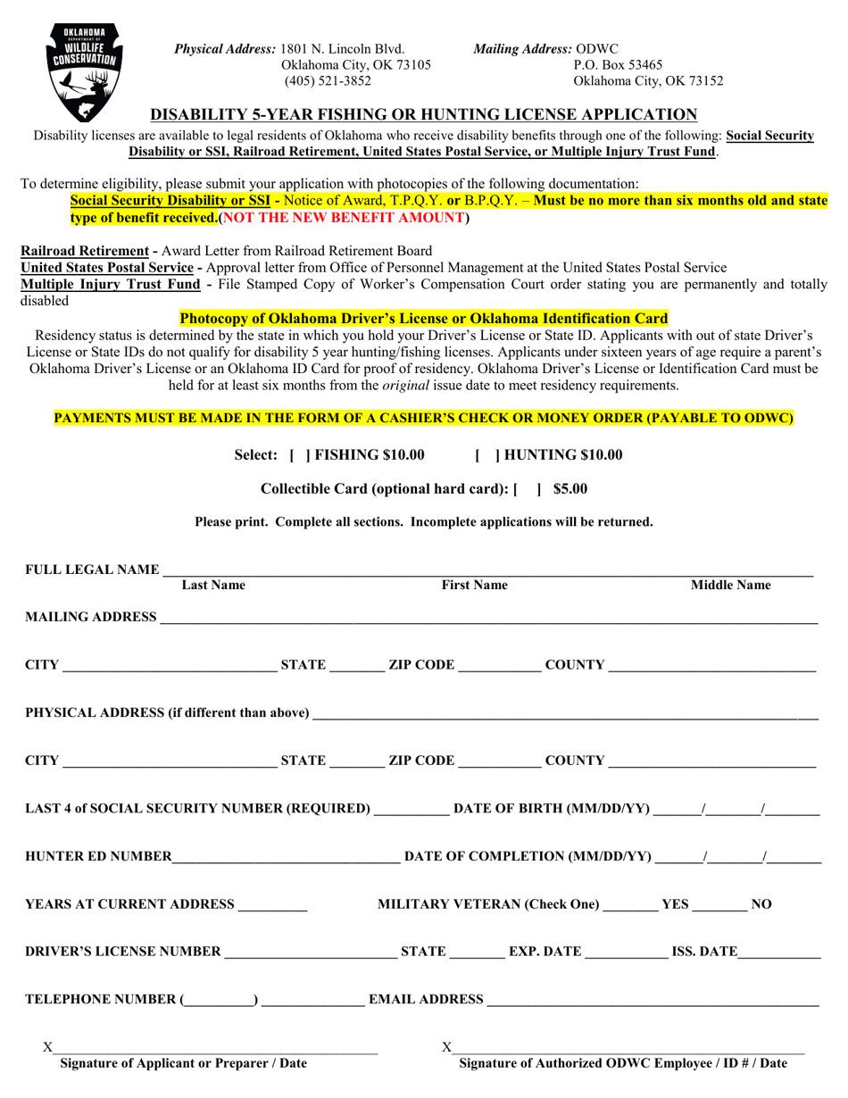 Oklahoma Disability 5year Fishing or Hunting License Application Download Printable PDF