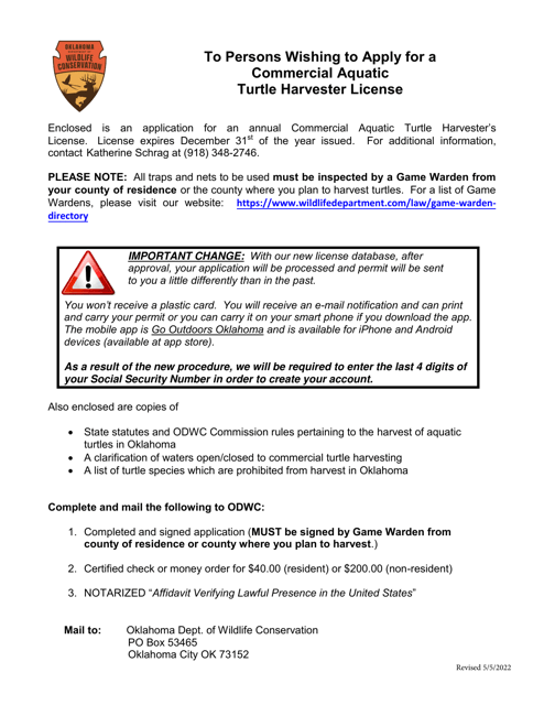 Application for Commercial Aquatic Turtle Harvester License - Oklahoma Download Pdf