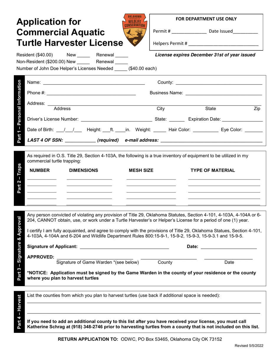 Application for Commercial Aquatic Turtle Harvester License - Oklahoma, Page 3