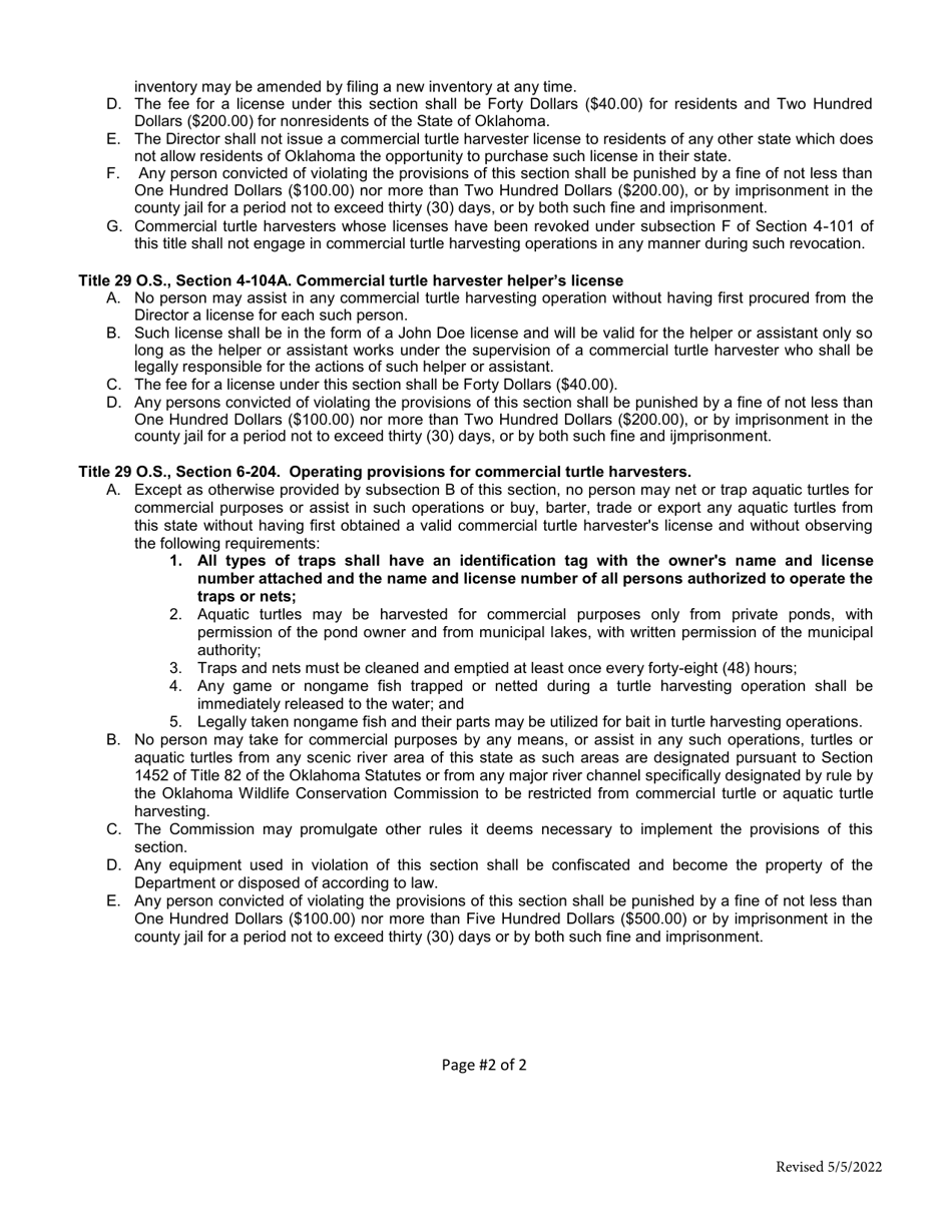 Application for Commercial Aquatic Turtle Harvester License - Oklahoma, Page 6