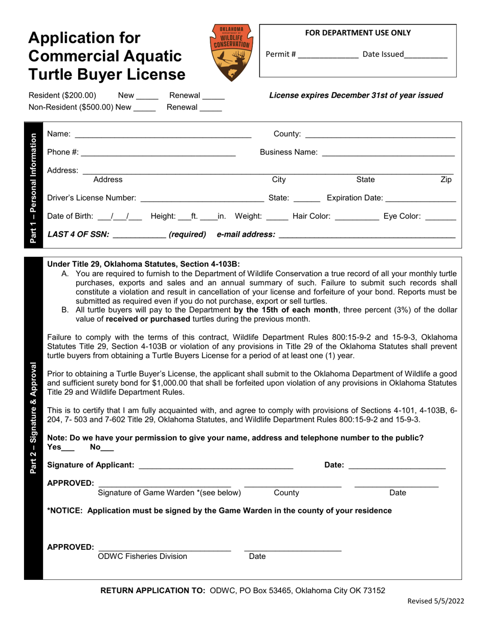Application for Commercial Aquatic Turtle Buyer License - Oklahoma, Page 3