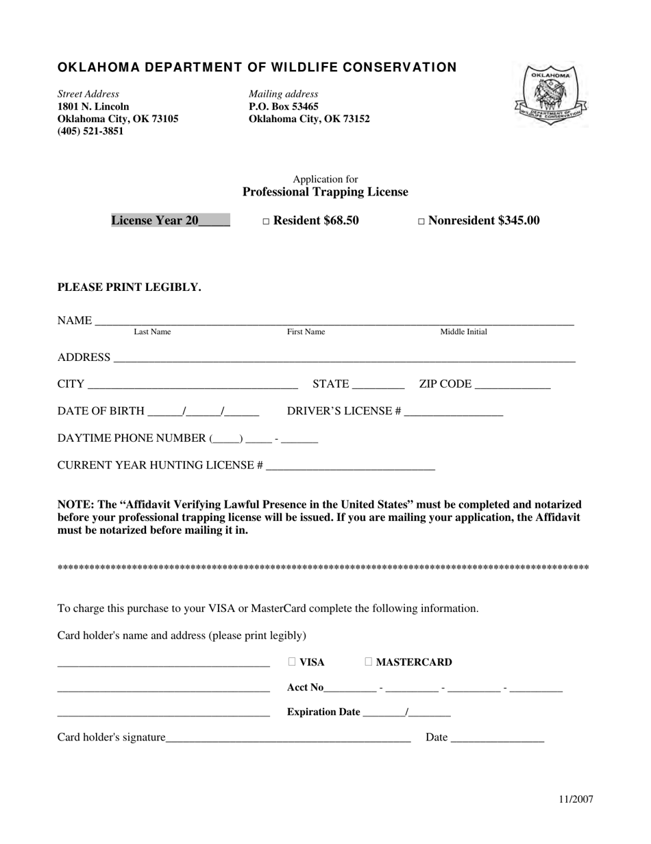 Application for Professional Trapping License - Oklahoma, Page 1