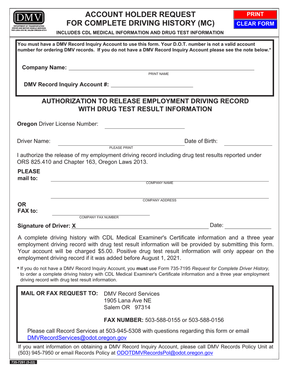 Form 735-7291 Account Holder Request for Complete Driving History (Mc) - Oregon, Page 1