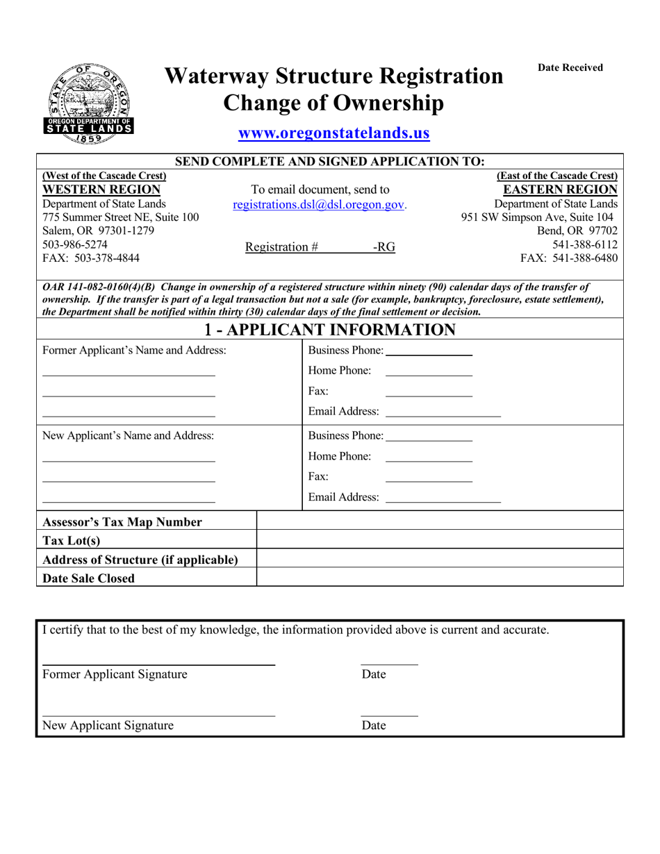 Waterway Structure Registration - Change of Ownership - Oregon, Page 1