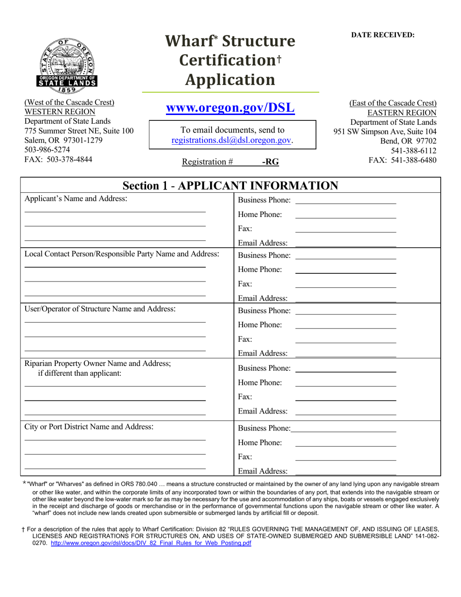 Wharf Structure Certification Application - Oregon, Page 1