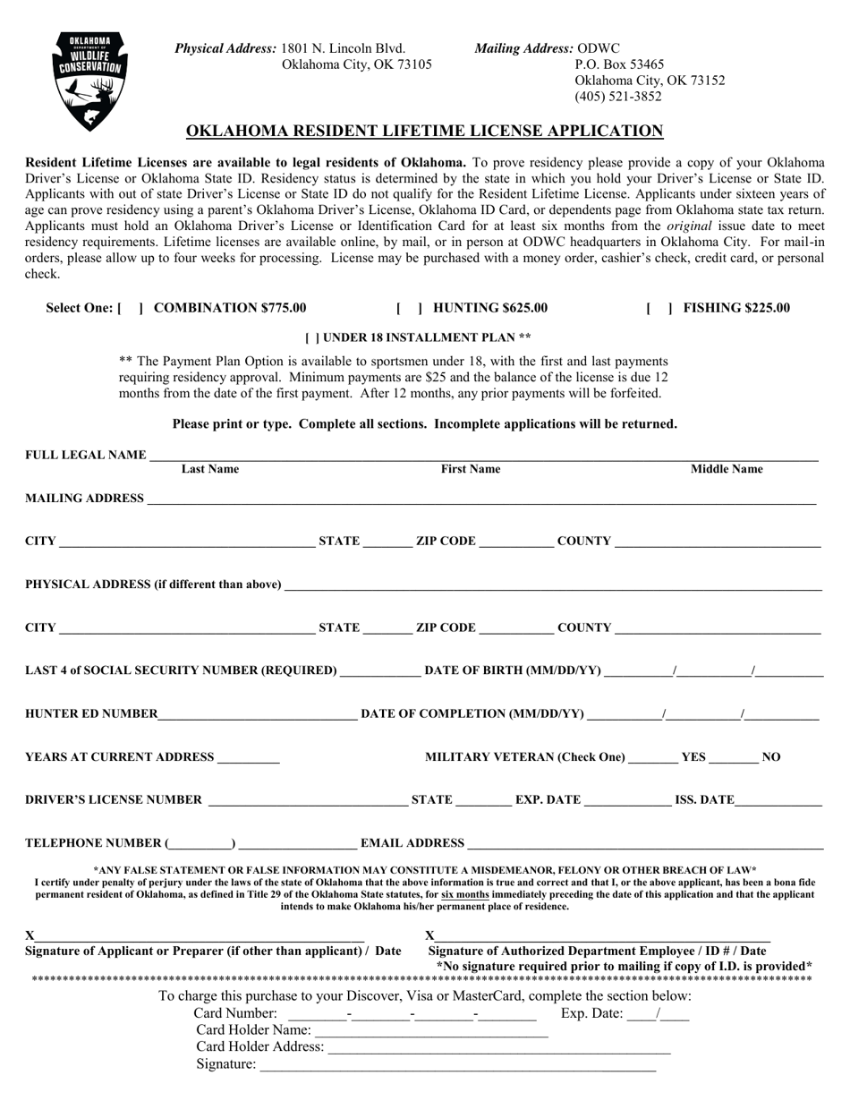 Oklahoma Resident Lifetime License Application - Oklahoma, Page 1