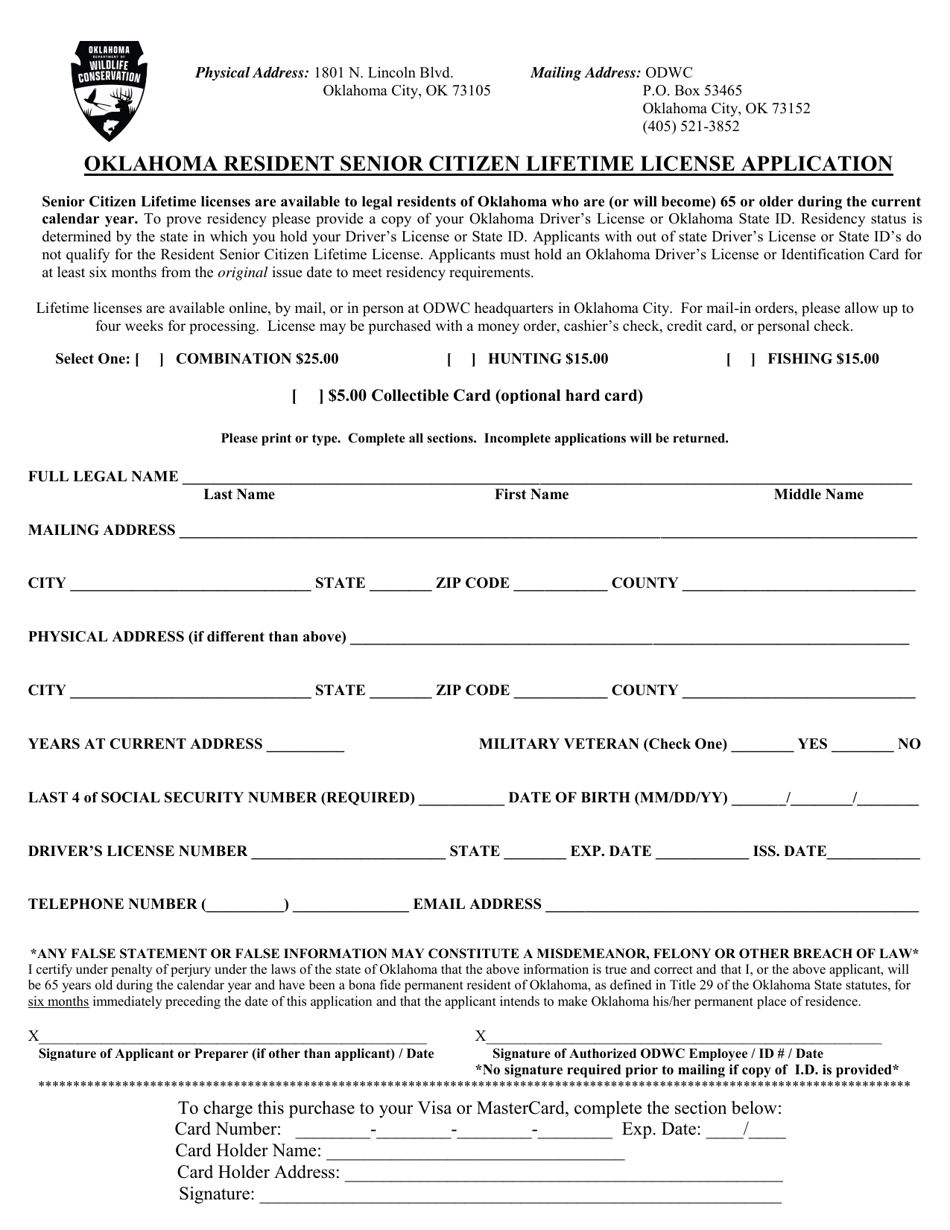 Oklahoma Resident Senior Citizen Lifetime License Application - Oklahoma, Page 1