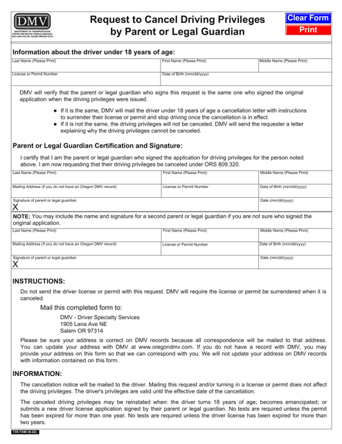 Form 735-7340 Request to Cancel Driving Privileges by Parent or Legal Guardian - Oregon