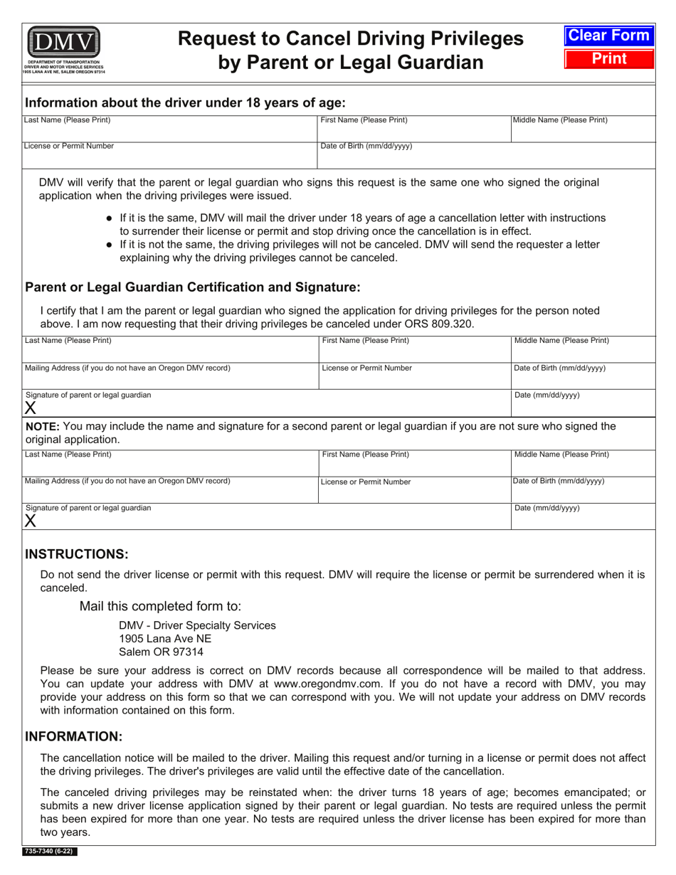 Form 735-7340 Request to Cancel Driving Privileges by Parent or Legal Guardian - Oregon, Page 1