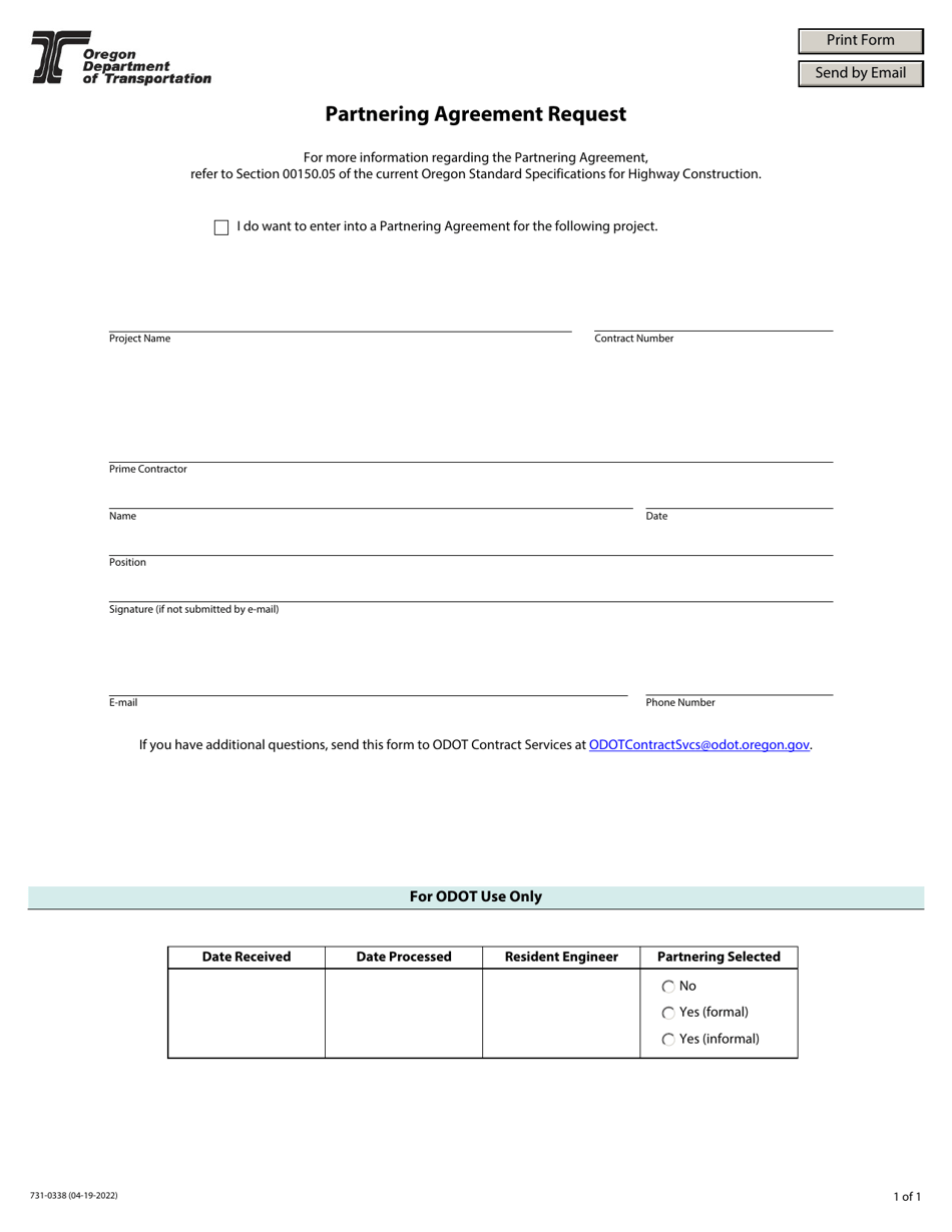 Form 731-0338 Partnering Agreement Request - Oregon, Page 1