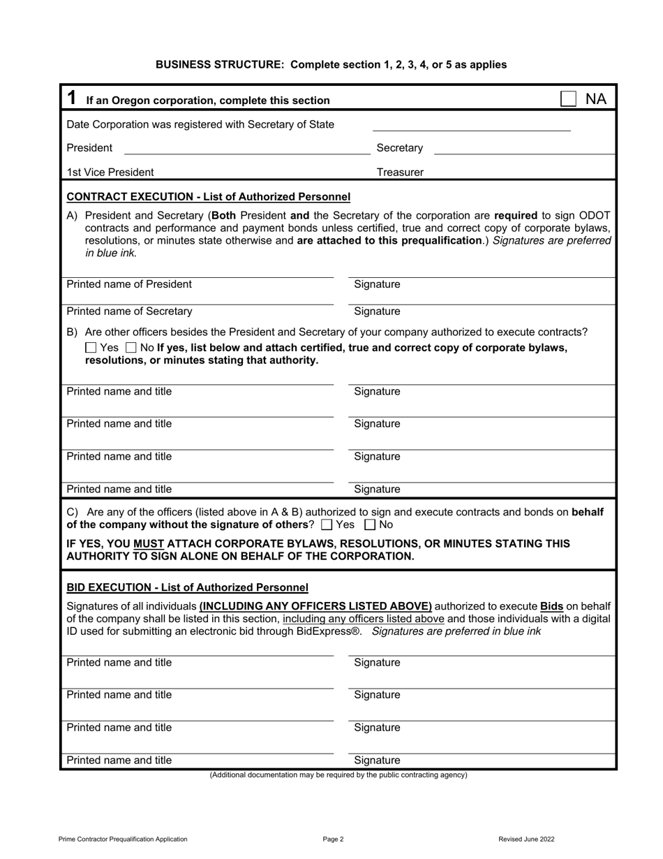 Prime Contractor Prequalification Application - Oregon, Page 3