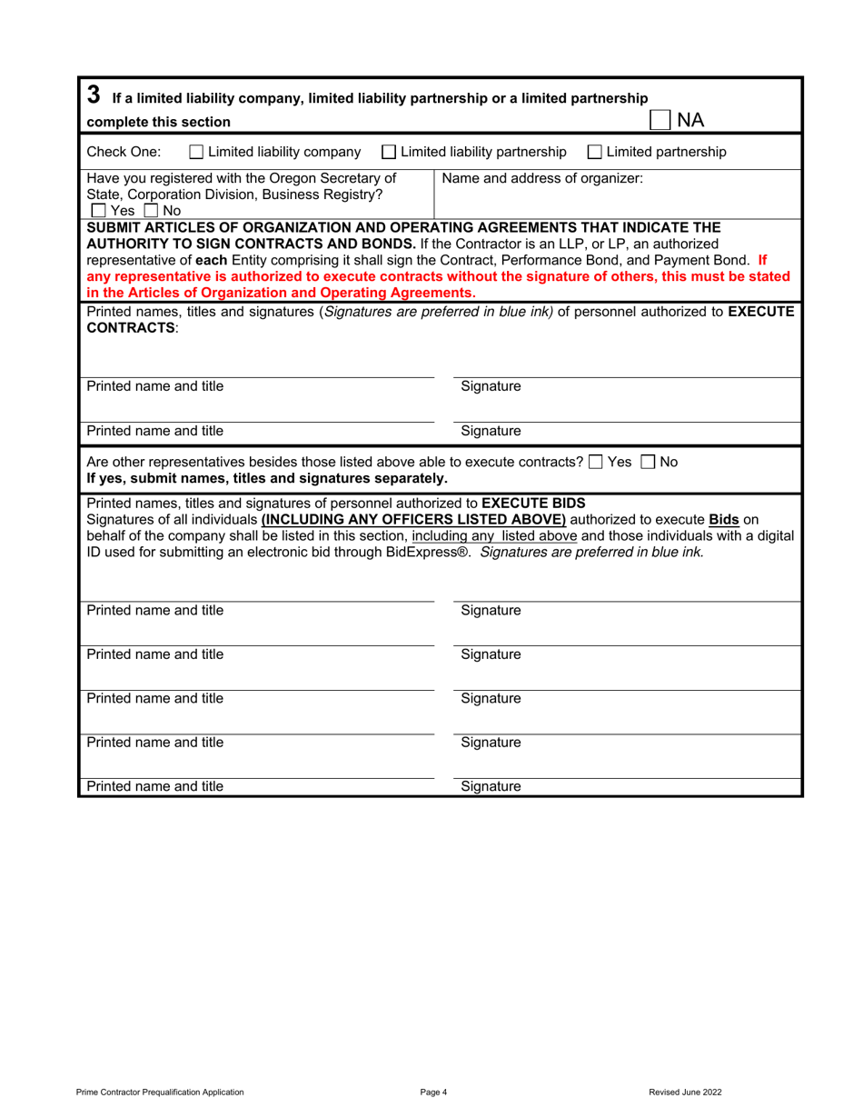 Prime Contractor Prequalification Application - Oregon, Page 5