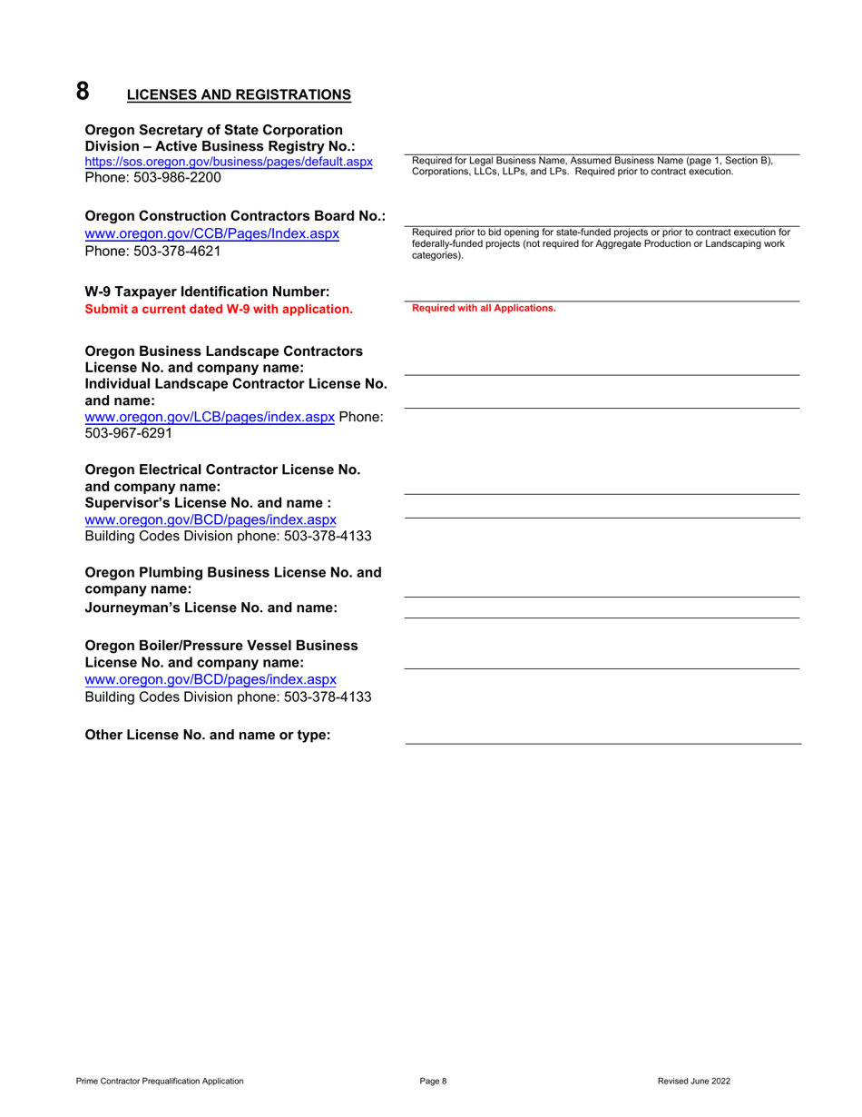 Prime Contractor Prequalification Application - Oregon, Page 9