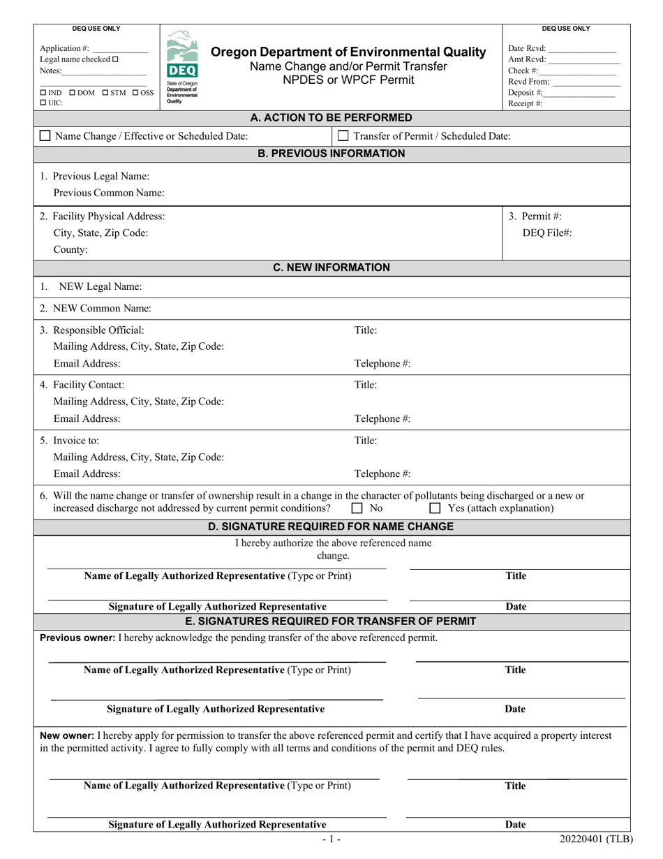 Name Change and / or Permit Transfer - Npdes or Wpcf Permit - Oregon, Page 1