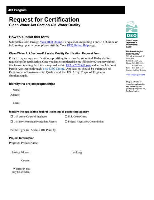 Clean Water Act Section 401 Water Quality Request for Certification - Oregon Download Pdf