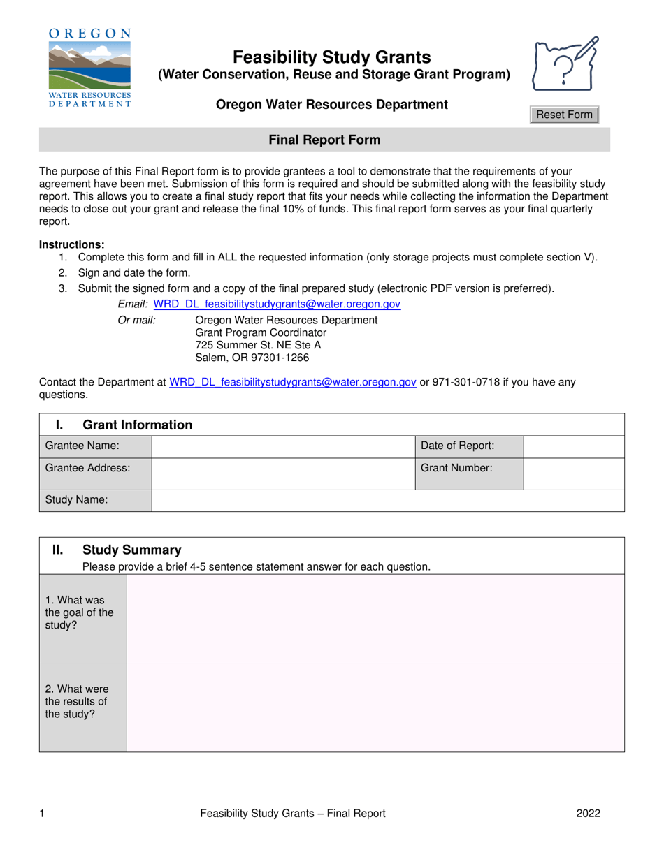 Final Report Form - Feasibility Study Grants - Oregon (Spanish), Page 1