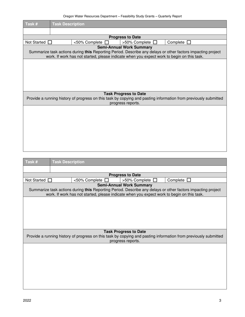 Quarterly Progress Report Form - Feasibility Study Grants - Water Conservation, Reuse and Storage Grant Program - Oregon, Page 3