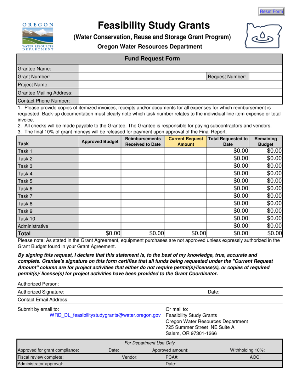 Oregon Fund Request Form Feasibility Study Grants Water